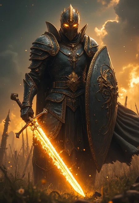 Closeup of a Action Scene shot of a towering warforged hkstyle knight with Long billowing cape in the heat of an intense, action-packed battle, cinematic movie-still-shot in 4k. The hkstyle knight's intricately designed, battle-worn helmet emits glowing amber eyes and reflects the glow of his weapon—an arcane sword. The blade crackles with golden energy, gathering at its tip, The energy radiates along the length of the blade, casting a glow that illuminates the knight’s helmet and armor, creating stark contrasts between light and deep shadows.
In his other hand, the knight wields an impressive shield, adorned with the iconic symbol of an elder god. The shield emanates a sense of awe as if imbued with divine magic adding to the overall awe of his presence. The glow from the sword throws the intricate details of the shield into sharp relief, casting long shadows that flicker across the Long Plains scenery battlefield amidst grasslands
