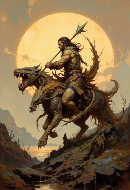 score_9, score_8_up, score_7_up, 8k high quality digital painting, masterpiece, very detailed, ultra realistic, (best quality) very detailed epic masterpiece, boris vallejo style, frank frazetta style, realistic oil painting, retro artstyle, full body, side view, backlight, we see a primeval muscular cave-man in fur clothing riding on a dragon-like monster, the monster has long fur hair, sundown, the setting sun casts long shadows, backlight, swampy landscape, fairytale-like, realistic detailed oil painting style Rembrandt style, Vermeer style, heroic fantasy, realistic, realism, full body