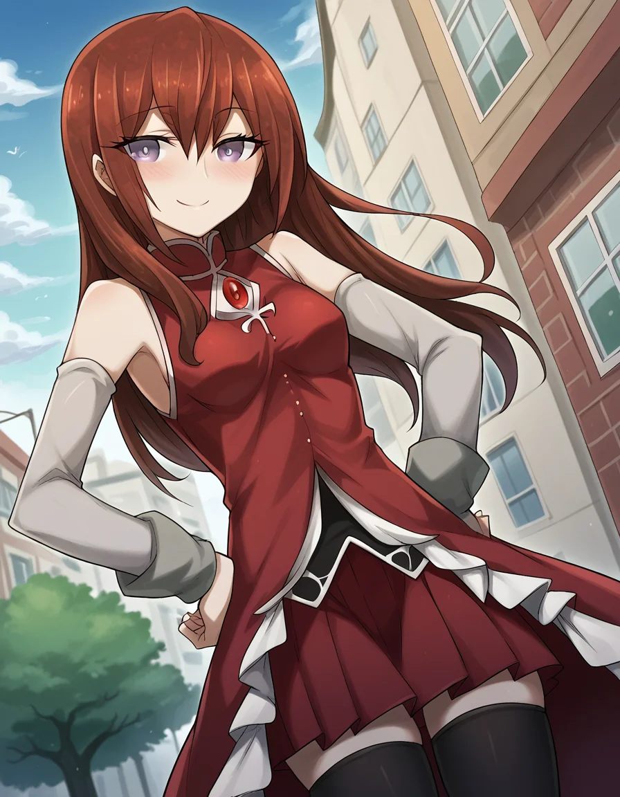 score_9, score_8_up, score_7_up, source_anime, <lora:kurisu-makise-ingame-ponyxl-lora-nochekaiser:1>, kurisu makise, hair between eyes, hair over shoulder, long hair, purple eyes, red hair, straight hair, mature female, small breasts,, <lora:sakura-kyoko-cosplay-ponyxl-lora-nochekaiser:1>, sakura kyoko cosplay, sakura kyoko (cosplay), black thighhighs, cosplay, detached sleeves, dress, frilled dress, frills, long sleeves, magical girl, miniskirt, pleated skirt, red dress, red skirt, sideboob, skirt, skirt under dress, sleeveless, sleeveless dress, thighhighs, zettai ryouiki,, streets, outdoors, smile, blush, hands on own hips,, cowboy shot, looking at viewer,, , dutch angle, cowboy shot