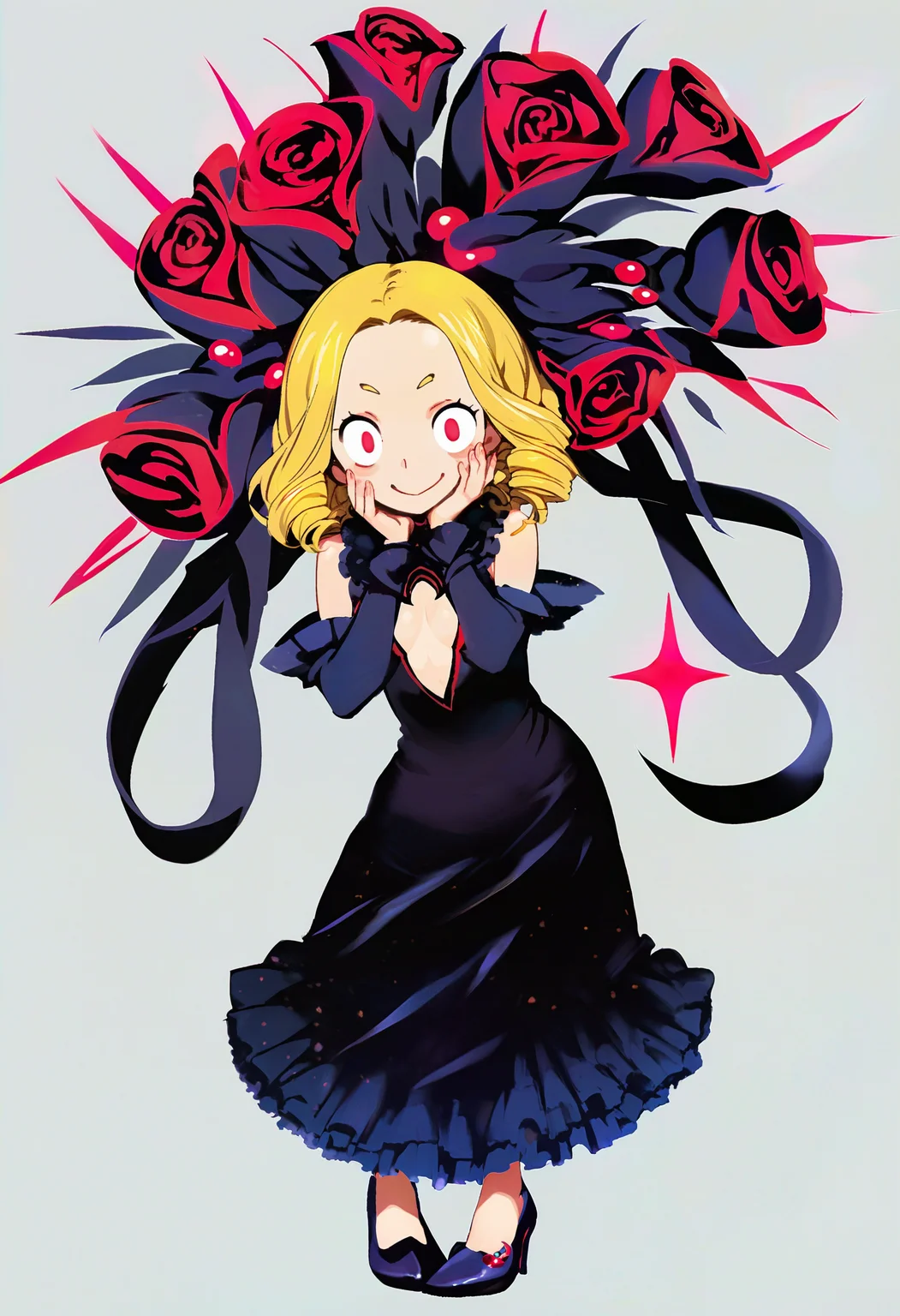 score_9,score_8_up,score_7_up,score_6_up,source_anime,<lora:Cool_Rance_XL_V2:1>,solo,solo focus,1girl,full body,bangs pinned back,forehead,blonde hair,looking at viewer,standing,evil smile,short twintails,curly hair,long hair,pink hair ornament,red eyes,small breasts,wide hips,red long frills dress,chest cutout,hand on face,arm across chest,high heels,simple background,black background,
