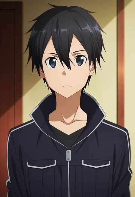 masterpiece, best quality, , anime screencap, , , looking at viewer, 1boy, solo, male focus, <lora:kazuto_kirigaya_ilxl:0.94>, kazuto_kirigaya, kirito, black hair, black eyes, short hair, hair between eyes, , comic book character costume