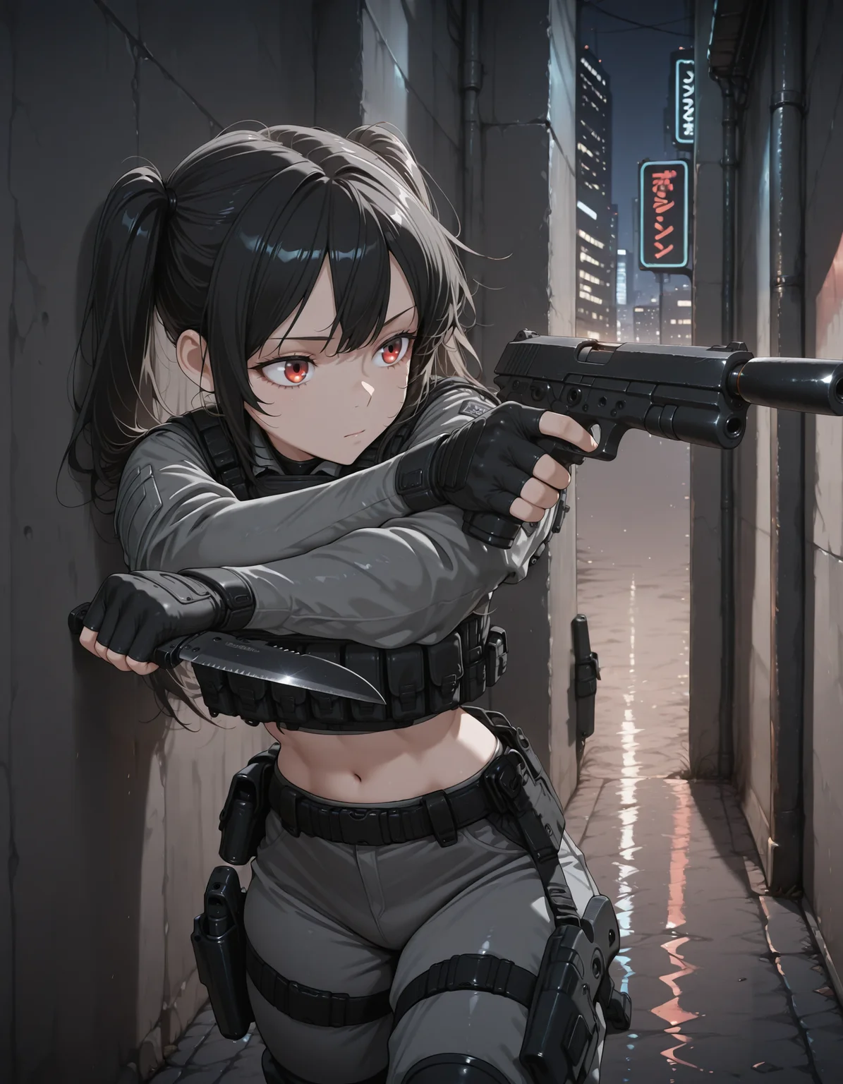 1girl, twin tails, black hair, red eyes, long hair, midriff, tactical rig, armored rig,slim waist, pistol_x_tac_knife, holding pistol and knife, combat knife, finger on trigger, aiming, black fingerless gloves, <lora:pistol_x_tac_knife_v1.0-000010:1>, indoor, leaning against wall, night, dark,