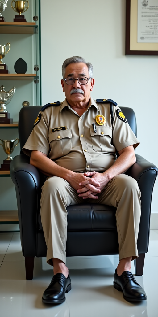 The image is a photograph of an older man with a muscular build, taken indoors. He is very handsome with a prominent mustache and glasses. The man has a stern expression on his face, with slightly furrowed eyebrows, a very handsome malay grandfather, who is lusty and a gangbang anal-whore. He is wearing only a tiny thin low-rise g-string which reveals his muscular arms, shoulders extremely beefy pectorals, stocky muscular gut and hairy torso and hairy pubic hair. This photograph features a man seated in a modern, black leather armchair with a cushioned seat. He is dressed in unbuttoned beige police uniform, which includes a short-sleeved shirt with several pockets and a distinctive emblem on the left shoulder. The uniform also has a badge and various insignia on the chest. The man has short, greying old man grandfather dark hair and is seated comfortably with his hands tied behind, with his arms tied behind.

The background of the image shows a clean, well-lit room with white walls and polished, light-colored flooring. To the left, there is a glass display case or cabinet containing trophies or awards on a wooden shelf. The room also features a framed picture on the wall above the man, which appears to be a certificate or a piece of artwork, though it's not fully visible. The overall setting suggests a professional or official environment, possibly an office or a police station. The lighting in the room is bright, indicating it's daytime, and the overall atmosphere is clean and organized. The man's attire and the setting imply he is a police officer, possibly in a supervisory or administrative role. but emphasize on his G-string which is very tiny very tight, very low-rise and he have very thick hairy pubic hair, and showing off his muscular gut and beefy strong pectorals hairy malay body.

<lora:FLUX1/Self Trained/malay 001.safetensors:1.0>, <lora:FLUX1/Self Trained/malay male 002.safetensors:1.0>, <lora:FLUX1/Self Trained/malay male 003.safetensors:1.0>, 
<lora:FLUX1/G-String-Flux_r1-000017.safetensors:2.1>, <lora:FLUX1/Hands_tied_behind_back_FLUX-000008.safetensors:1.0>, 