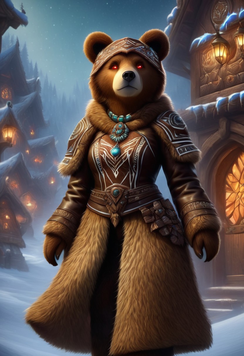cinewow, xmastedx, anthro, SFW, LoL Style, female bear dressed in a leather tribal style, fully clothed, (realistic fur, detailed fur texture:1.2), detailed background, outside background, photorealistic, hyperrealistic, ultradetailed, glowing eyes, glowing effects, fantasy, scenery, concept art, amazing quality, masterpiece, best quality, hyper detailed, ultra detailed,