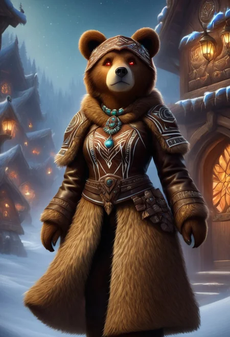 cinewow, xmastedx, anthro, SFW, LoL Style, female bear dressed in a leather tribal style, fully clothed, (realistic fur, detailed fur texture:1.2), detailed background, outside background, photorealistic, hyperrealistic, ultradetailed, glowing eyes, glowing effects, fantasy, scenery, concept art, amazing quality, masterpiece, best quality, hyper detailed, ultra detailed,