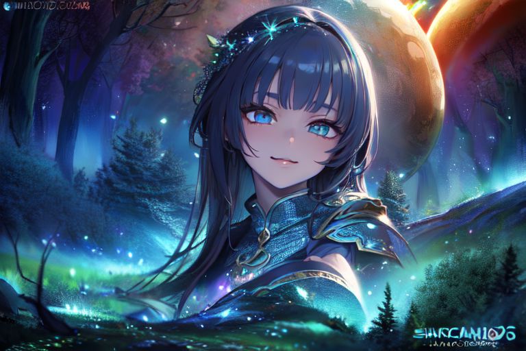 (masterpiece:1.4), 4K8K, (anime style), (high shutterspeed:1.4), (sharp edges), 
SyFyEye1, FanFo, 
1woman  hands togather,  leaning foward, face focus, smile, closed mouth, 
wearing Celtic style dress, (Detailed face, Detailed eyes, Detailed lips), (solo), 
Fantastic Forest at fantasy night, Fantastic Planets