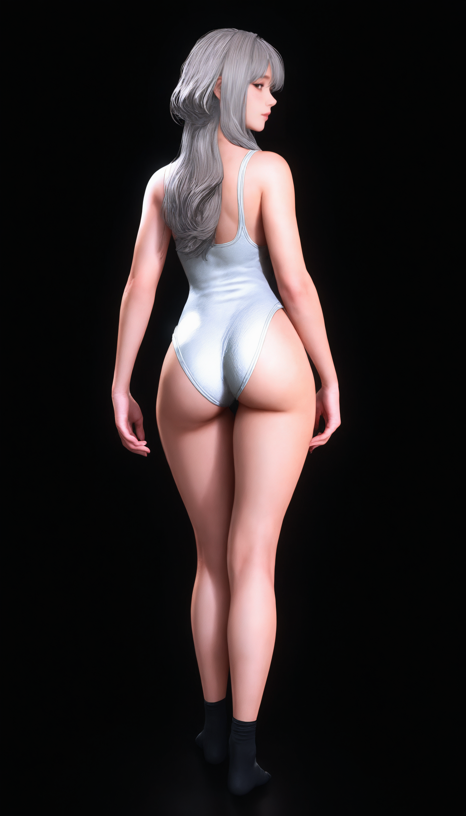 masterpiece,best quality,amazing quality,
<lora:scarletNAI:1>,sc213t,realistic,
silver hair,long hair,bangs,sidelocks,brown eyes,white leotard,
black ankle socks,no shoes,
full body,
looking at viewer,
standing,back view,
black background,
