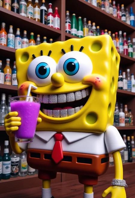 Hyper-realistic portrait of SpongeBob SquarePants in an unexpected urban-inspired scene set inside an alcohol store. His square yellow body is meticulously rendered with a porous texture, capturing every intricate detail of his sponge-like skin. His large blue eyes sparkle with mischievous excitement as he grins widely, revealing a set of diamond-encrusted grillz that gleam brilliantly against his yellow complexion.
SpongeBob holds a large purple glowing drink, tilting it slightly after taking a sip. His signature white shirt and brown square pants are visible, adding to his iconic look. The background features shelves stocked with various colorful bottles and cans, creating a vibrant and lively atmosphere.
His trademark wide smile dominates the composition, with the diamond grillz catching the light and creating a surreal blend of cartoon character and hip-hop swagger. The portrait captures SpongeBob's perpetual enthusiasm, now amplified by his unexpected bling, creating a whimsical yet strangely fitting representation of the beloved character amidst the urban setting of an alcohol store.
<lora:Flux\LET ME SEE YOUR GRILLZ FLUX_Lora Gr!llz.safetensors:1.0:1.0>