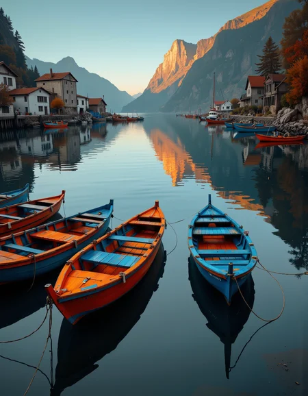 A highly detailed cinematic photography.
A tranquil bay with colorful fishing boats anchored, reflections mirrored in the still water, serene atmosphere, beautiful lighting, hyperrealistic, digital painting, vibrant colors, scenic landscape, 4k resolution, cinematic composition. highly detailed and hyper realistic photo, by Alena Aenami , by Archibald Thorburn , by Daniele Afferni , in the style of monochromatic silhouette reflection, limited dark palette, unusual dark colors, faded colors, atmospheric haze, highly dramatic cinematic lighting, motion blur.