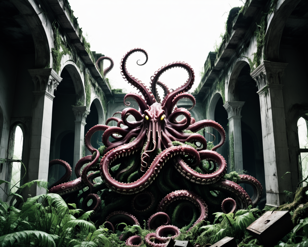 best quality,masterpiece,photorealistic,raw photo,8k,detailed,cinematic shot,a fleshmutant covered in tentacles inside of a some overgrown ruins,<lora:Fleshmutant:0.6>