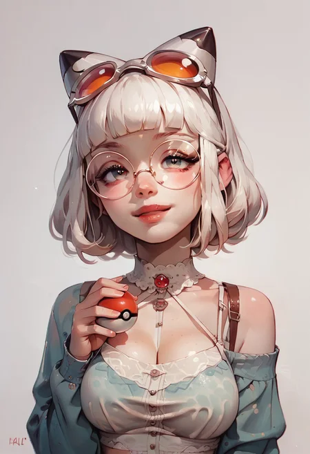 score_9, score_8_up, score_7_up, score_6_up, pastel, watercolor,
White hair, blunt bangs,
cute, female, 1girl, pokemon girl, holding PokeBall,
large breasts, knitted shirt, bra straps,
Smiling, round glasses,