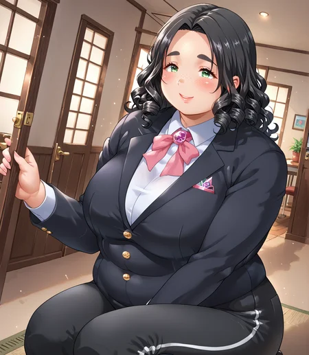 PonyScores7, source_anime, ah1, BREAK 1girl, (curly hair), long hair, (black hair:1.3), mature female, (parted hair:1.7), (round face:1.2), (thick eyebrows), (curvy), round-chin, (greenish hazel eyes), caucasian, (downturned eyes:1.2), (plump face), <lora:ETO_OCPonyXL:0.5> eto_oc, skindentation, (plump), thick thighs, wide hips, busty, voluptuous, kinky curls, lips, <lora:venus body PonyXL:0.4>, (shy, blush, smile, friendly), (stalking the night), (Magenta Pink, Hot Pink, and Black velvet blazer and skinny pants), BREAK <lora:xl_more_art-full_v1:0.2>, <lora:shinyskin2:0.2> glistening skin, <lora:aesthetic_anime_v1s:0.2>, <lora:Expressive_H:0.2> Expressiveh, <lora:hairdetailpxl:0.2> hairdetailpxl, <lora:EpicF4nta5yXL:0.2>, <lora:detailxl:0.2> detailxl, <lora:Fant5yP0ny:0.2>, best quality, amazing quality, best aesthetic, absurdres, <lora:expressive eyes:0.2> expressive eyes, <lora:eyedetailpxl:0.2> eyedetailpxl, illustration, Volumetric_Lighting, ultra-detailed, very aesthetic, intricate details, 8k, masterpiece, best_quality, BREAK (Dutch Angle (from behind) view medium Close shot (focus on knees)), BREAK <lora:Eyes_High_Definition:0.3> EyesHD, Stable_Yogis_PDXL_Positives, AS-Adult, <lora:Complicated fantasy portrait - XL Pony V2.0:0.4>, bad-hands-5, <lora:takeyama_shimeji_style:0.8> <lora:Akina_Bbw_Style_-_PonyXL:0.5> AkinBw