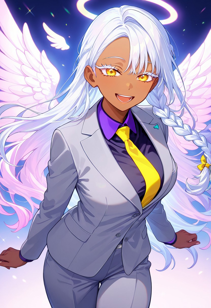 masterpiece, best quality, newest, absurdres, highres, NeoAV1.0, neon lights, ultraviolet light,
1girl, dark skin, dark-skinned female, grey suit, suit official attire, official clothes, nectie, yellow necktie, white hair, long hair, braid, single braid, angel, angel girl, halo, wings, angel wings, smile, happy,