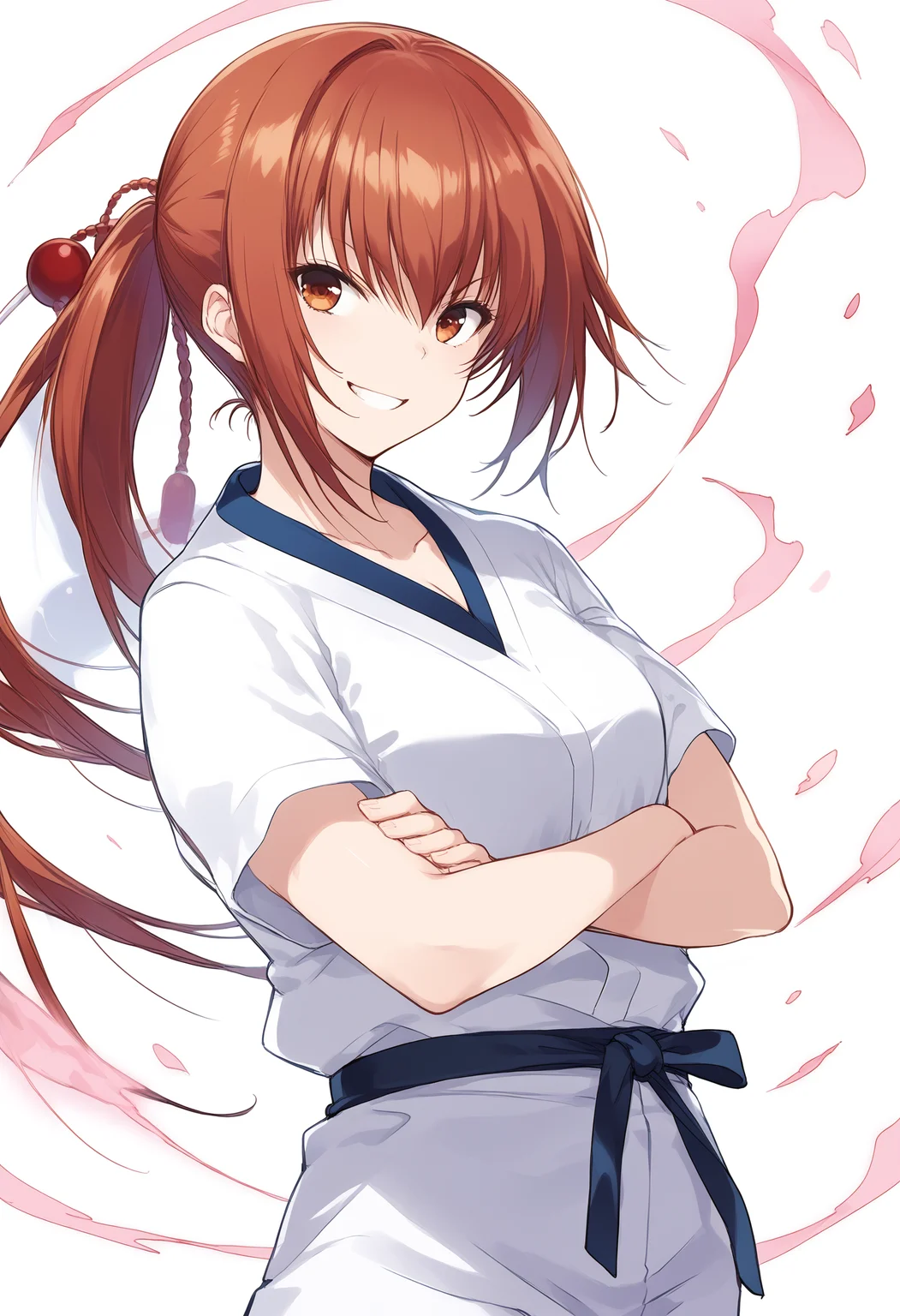 Upper body, score_9, score_8_up, score_7_up, score_6_up, KazuKawa, source_anime, standing up, crossed arms, breasts, BREAK wearing judo uniform, black belt, hair between eyes, ponytail, collarbone, power aura, smug, smile, BREAK <lora:Perfect Hands:1>, Perfect Hands, <lora:KazuKawaV01.2:0.9>