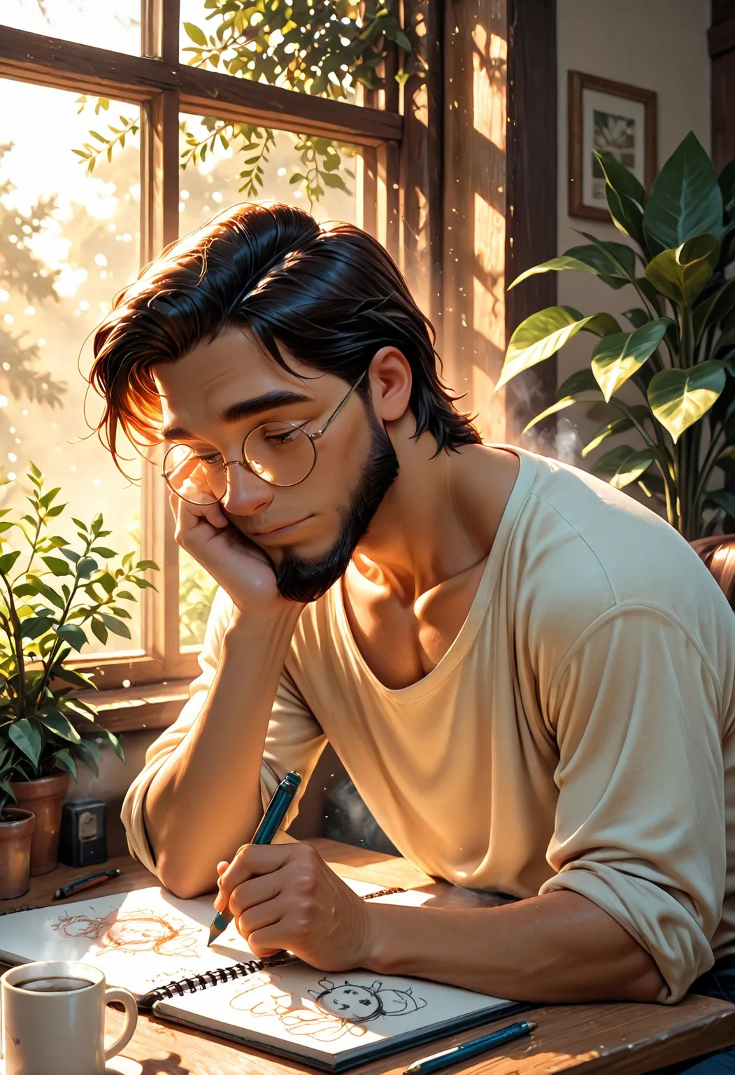SmoothNoob_Quality, (1boy), male focus, (full beard), skinny male, artist, jacket, small round glasses, (leaning over a sketchbook), cozy, café, steam, coffee mug, (sunlight through window plants), (loose shirt rolled up), holding pencil, hand on own face, drawing, (thoughtful), (casual mid-morning vibe), (warm natural lighting), happy,