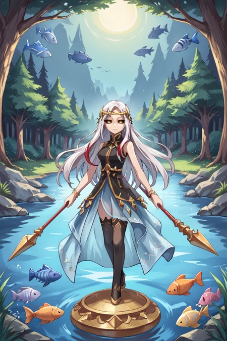 score_9, score_8_up, score_7_up, source anime, BREAK, <lora:Maxwell:0.85> , mxwdef, 1girl, colored sclera, black sclera, yellow eyes, white hair, long hair, multicolored hair, (red highlights), circlet, black dress, sleeveless dress, bracelet, gold trim, blue sarong, sarong, see-through sarong, black thighhighs, full body, looking at viewer, night, overlooking forest, high altitude, scenery, exterior, <lora:backgroundsetXL:0.2> , background, (solo), smile, floating, standing on orb, orbs, fish, dragon, clutter, holding spear, floating objects, orb, <lora:hand 4:0.4> , Hand, hands, perfect hands, <lora:ExobeloStyle:0.4>