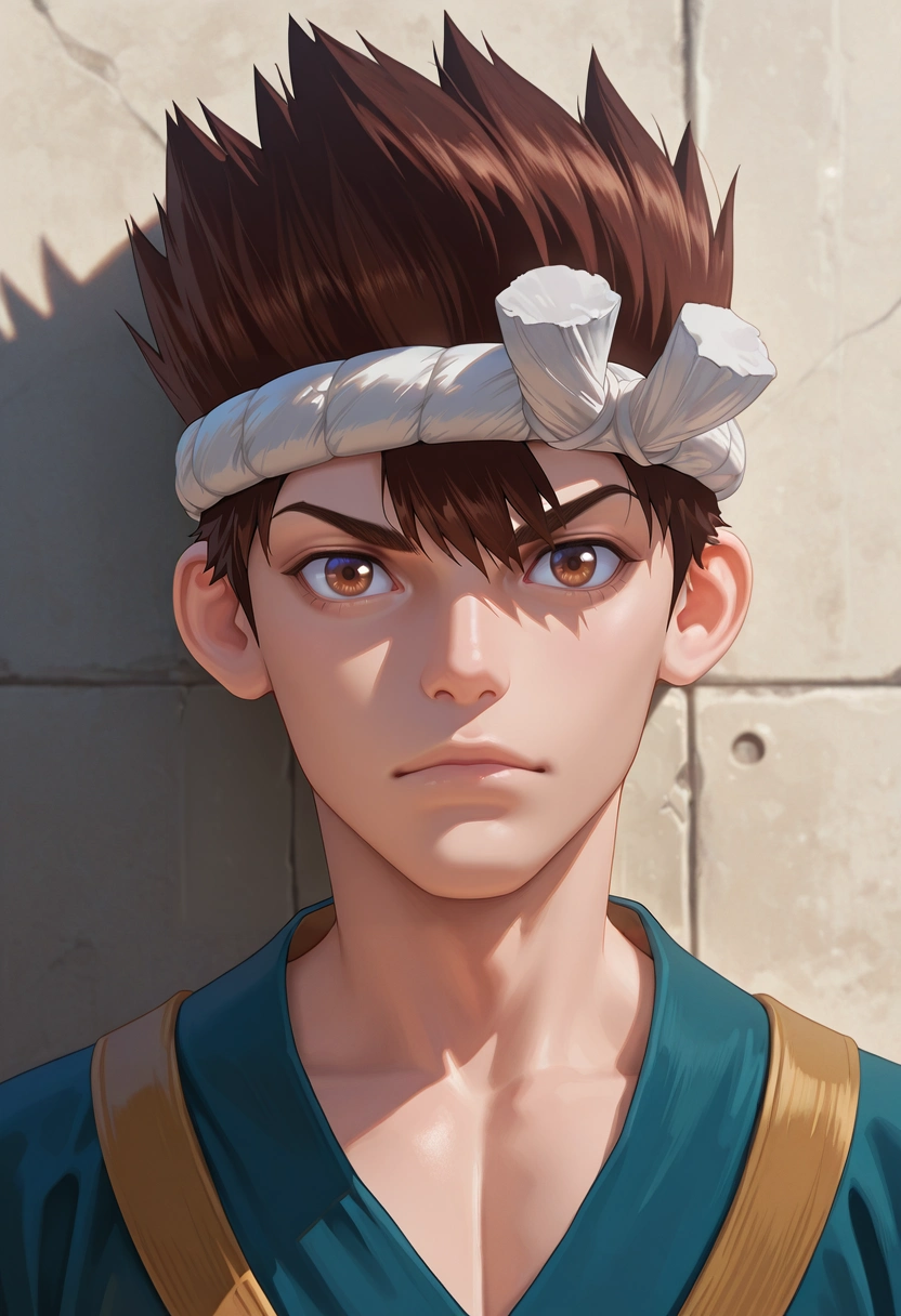 masterpiece, best quality, , (photorealistic:0.6), looking at viewer, 1boy, solo, male focus, <lora:chrome_dr_stone_ilxl:0.9>, chrome_dr_stone, brown hair, brown eyes, short hair, spiked hair, headband, hachimaki, , ,