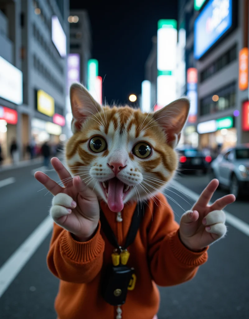 <lora:citybkgv2:1> citybkg, cyberpunk, cute stading cat with huge eyes, tongue out, closeup, doing a victory sign, stupid face expression. Night, ambiance, detailed, car, billboards on highway, japan, futuristic, people, elevated highway, ground view, city lights, high buildings,