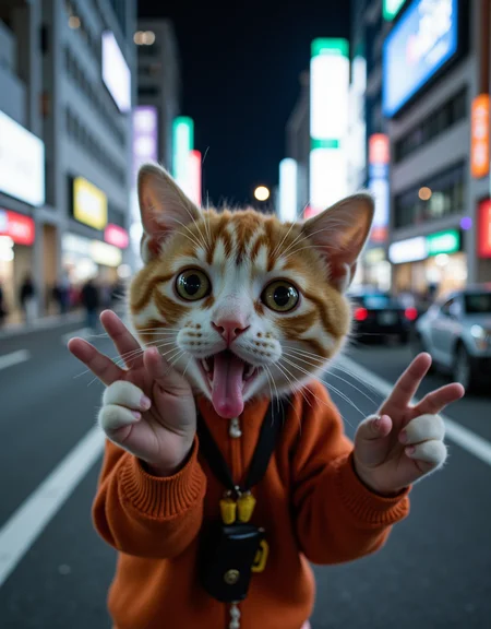 <lora:citybkgv2:1> citybkg, cyberpunk, cute stading cat with huge eyes, tongue out, closeup, doing a victory sign, stupid face expression. Night, ambiance, detailed, car, billboards on highway, japan, futuristic, people, elevated highway, ground view, city lights, high buildings,