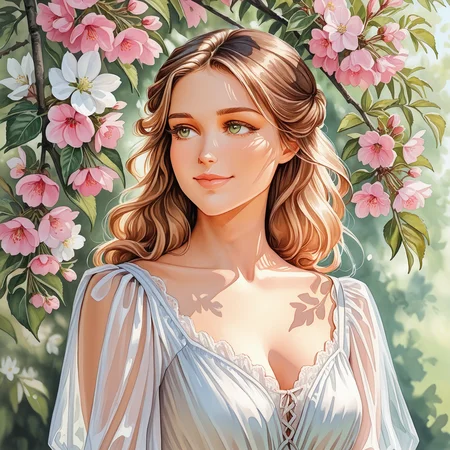 ten9erw4ter, 1girl, solo, long hair, breasts, smile, blonde hair, brown hair, dress, cleavage, medium breasts, closed mouth, green eyes, collarbone, upper body, flower, outdoors, day, white dress, blurry, lips, see-through, looking to the side, eyelashes, leaf, looking away, sunlight, white flower, lace, pink flower, realistic, branch, dappled sunlight