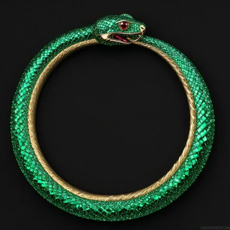 emerald green glass snake, Ouroboros, snake made out of emeralds, 8k, high resolution, fine quality, high quality, very detailed, photo realistic, snake eating its own tail, snake with its tail in its mouth, solo snake, detailxl, black silk background, snake has a ruby as an eye.