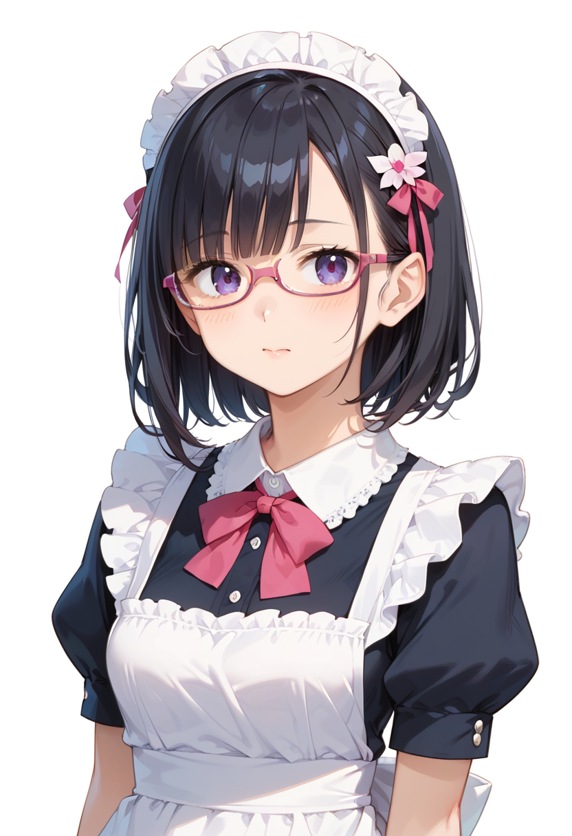 score_9, score_8_up, score_7_up, rating_safe, masterpiece, best quality, absurdres, unity 8k wallpaper, official art, official style, source_anime, uncensored, game cg, megami magazine,
1girl, solo, black hair, medium hair, upper body, covered eyes,maid, maid headdress, black dress, maid apron, face focus,
underrim_cell, glasses, still life, white background, simple background, under-rim eyewear, pink-framed eyewear, 
 <lora:glasses_underRimCell_PONY_V1:1>