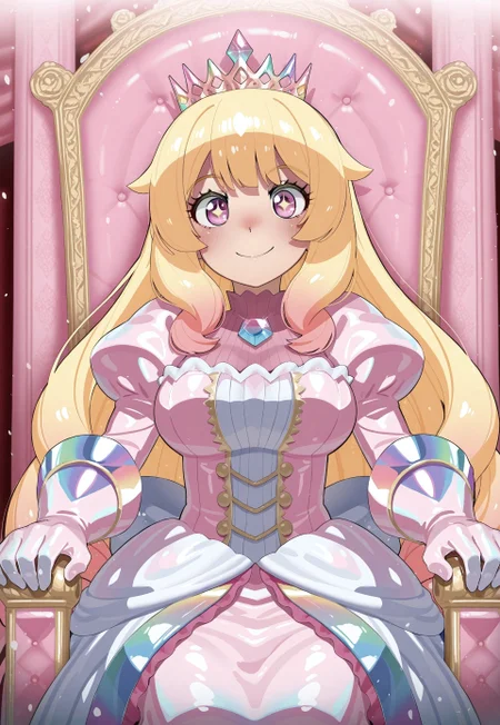 art by Mizumizuni, masterpiece, best quality, high quality, intricate, 1woman, mature woman, solo, (pastel pink theme:1.2), pink chrome, blonde princess, iridescent (pink puffy gown), iridescent gloves, iridescent crown, happy smile,
(iridescent palace, iridescent throne, iridescent room), (sparkles, sparkling iridescent, sparkling eyes), sharp focus, (glossy iridescent chrome clothing, glittering shiny iridescent chrome fabric),
cowboy shot, sitting, highly detailed, majestic, shallow depth of field, movie still, hard light, circular polarizer, colorful, moody, wallpaper, anime