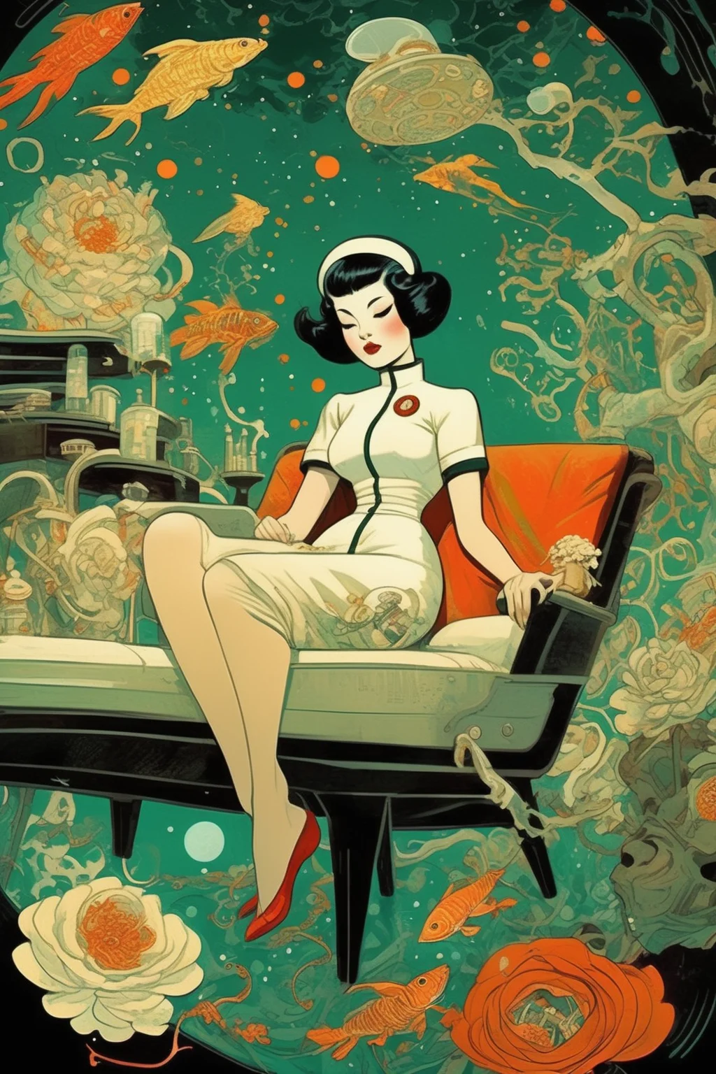 <lora:Victo Ngai Style:1>Victo Ngai Style - beautiful woman lounging, vivid colors, highly contrasting colors, emerald city, cartoon beauty, tiny intricate cities, collage style art, full body action pose, dismal, weirdcore, intricately detailed engineering and chaos, cartoonish, black and white, 1950's sci-fi horror movie, {sea creatures, tigers, space nurse, space nun} photo realistic, classy lady, space nurse, man eating flowers with teeth, sharp focus, cartoonish, style of an illustrated childrens book from the early 1900's, scenes of hell decorated with lovely flower arrangements,