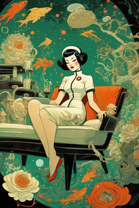 <lora:Victo Ngai Style:1>Victo Ngai Style - beautiful woman lounging, vivid colors, highly contrasting colors, emerald city, cartoon beauty, tiny intricate cities, collage style art, full body action pose, dismal, weirdcore, intricately detailed engineering and chaos, cartoonish, black and white, 1950's sci-fi horror movie, {sea creatures, tigers, space nurse, space nun} photo realistic, classy lady, space nurse, man eating flowers with teeth, sharp focus, cartoonish, style of an illustrated childrens book from the early 1900's, scenes of hell decorated with lovely flower arrangements,