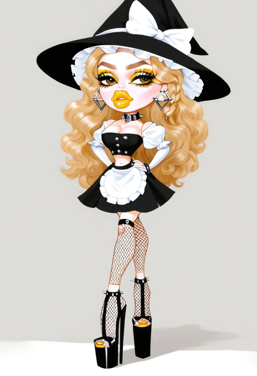 score_9,score_8_up,score_7_up,score_6_up,, bratzxl,Bratz doll with detailed eyes and big lips and brown curly rococo hair wearing versace colorful flowers black dress , breasts, full body , plastic skin , (((doll joints))), (masterpiece, top quality, best quality, beautiful and aesthetic:1.2), (((kirisame marisa))), doll, chibi, bimbo, (((big head))), 1girl, solo, breasts, curvy, wide hips, narrow waist, doll joints, lips, blonde hair, yellow eyes, single braid, witch hat, white ribbon, black skirt, black shirt, waist apron, white sleeves, beltskirt, thighhighs, hair_between_eyes, midriff, navel, (((makeup))), (((eyeshadow))), yellow eyeshadow, eyeliner, thick eyebrows, thick eyelashes, (((thick lips))),(((very thick lips))), bimbo lips, yellow lips, closed mouth, cowboy shot, (((earrings))), looking to the side, <lora:BratzXL:0.9>, high heels, platform heels, slutty_clothes, choker, thighhighs, fishnets, curvy, breasts, spiked choker, jewelry, bracelet, armlet, necklace, anklet, elbow gloves, belt, tube top, lingerie, cleavage