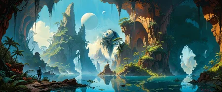 famous artwork in the style of (roger dean:1.4) and (stephan martiniere:1.1), scifi landscape painting, (dramatic:1.4), highly aesthetic, serene otherworldly scenery, towering biomorphic rock formations with surreal organic features, bizarre biomorphic spaceship in the distance, wondrous lush jungle vegetation, exotic bioluminescent flowers, cascading waterfalls, mysterious (structures of an extraterrestrial civilization:1.2), a cover of (enigmatic haze wafting over the water:1.1), the sky is dominated by multiple moons, intricate details, ultra detailed, 8k, uhd, <lora:midjourney_mimic-xl-by_andrexsel:0.2> <lora:more_artful-xl:0.2> <lora:lyco-style-envydramaticlightingxl01_digital_art-xl:0.48> <lora:envybetterhiresfixxl01-xl:0.0:hr=1.0>