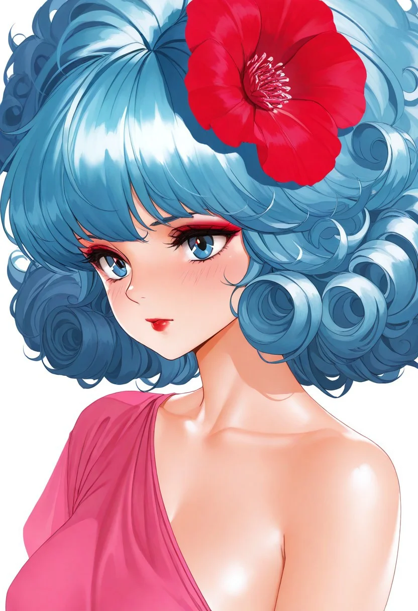 masterpiece, best quality, very aesthetic, absurdres,
1girl, upper body, solo, stormer \(jem and the holograms\), retro artstyle, 1980s \(style\), blue eyes, blue hair, medium hair, big hair, curly hair, single bare shoulder, makeup, red lips, eyeshadow, blush, hair flower, BREAK,
sleeveless, single-shoulder shirt, pink shirt, white background,
az-ys-il,