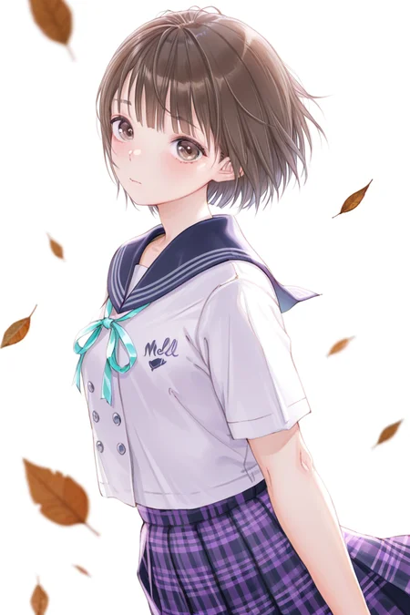 masterpiece, best quality, amazing quality,
 <lora:Mellco_IL:1> mellco, 1girl, solo, skirt, school uniform, short hair, serafuku, looking at viewer, sailor collar, plaid, ribbon, white background, leaf, plaid skirt, pleated skirt, blurry, bangs, brown hair