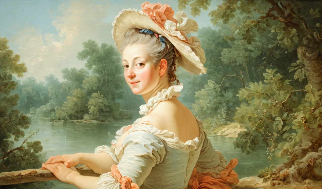 Detailed  rococo painting of french woman with realistic face at the river, AH_Fragonard <lora:Roccoco_Paintings_by_Fragonard-000009:0.5>