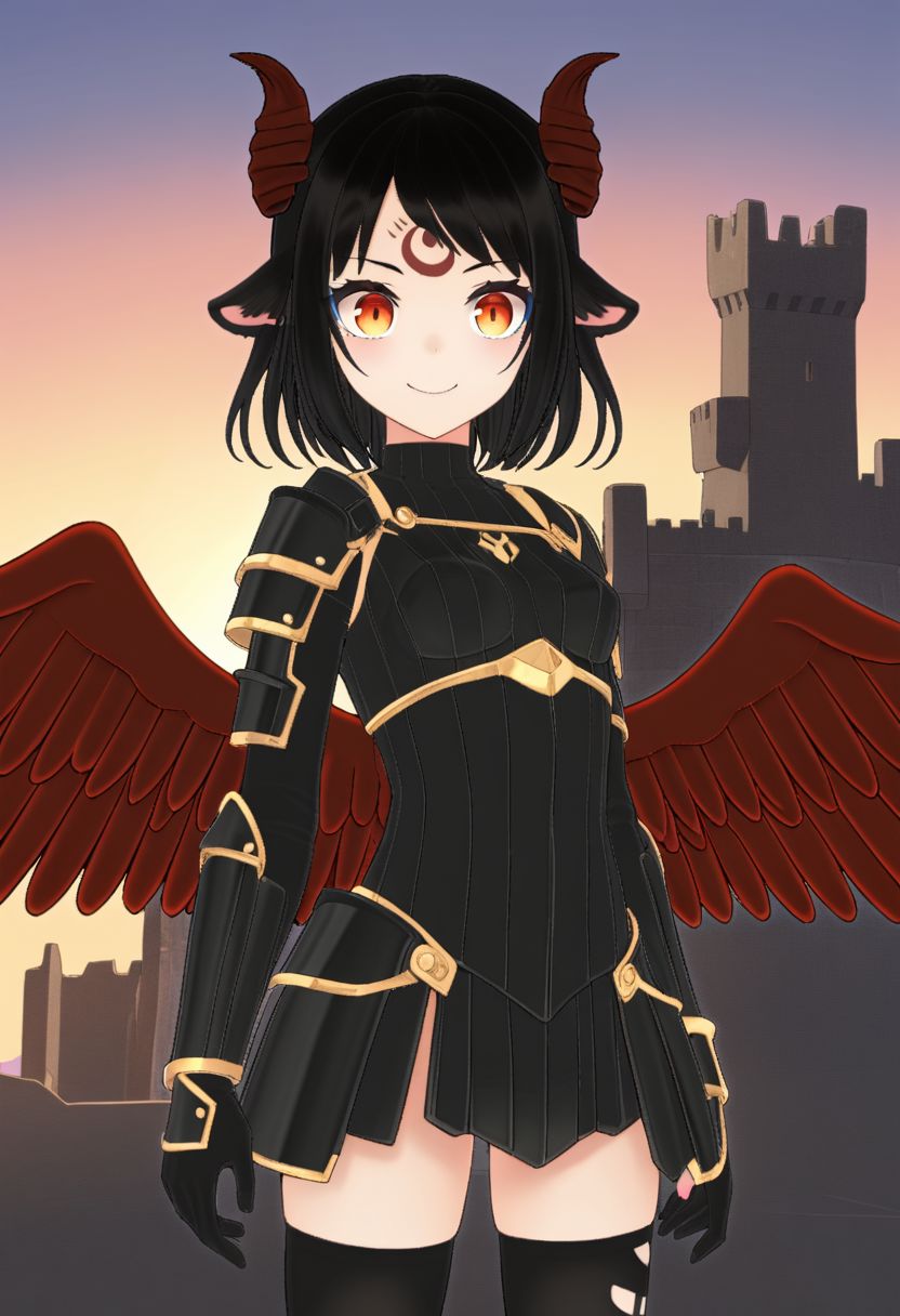 Aluki, 1 girl, solo, moon mark on forehead, jet black hair, orange eyes, black goat ears only, red goat horns, medium hair, orange eyes, blue eyeliner, no human ears, 2 wings, no wings on the head,only red wings on the back,gray whisker marks, HKStyle, score_9,score_8_up,score_7_up,very aesthetic ,1girl,18 years old ,cute, pretty, emo, perfect body ,petite, hime cut ,gradient hair ,braid ,small breasts ,perfect breasts, narrows eyes exquisite black armor with finished gold details , small smirking , shorthair, curious ,thighhigh armored ,chests plate armored ,side view, back , full ,sunset, ruined castle