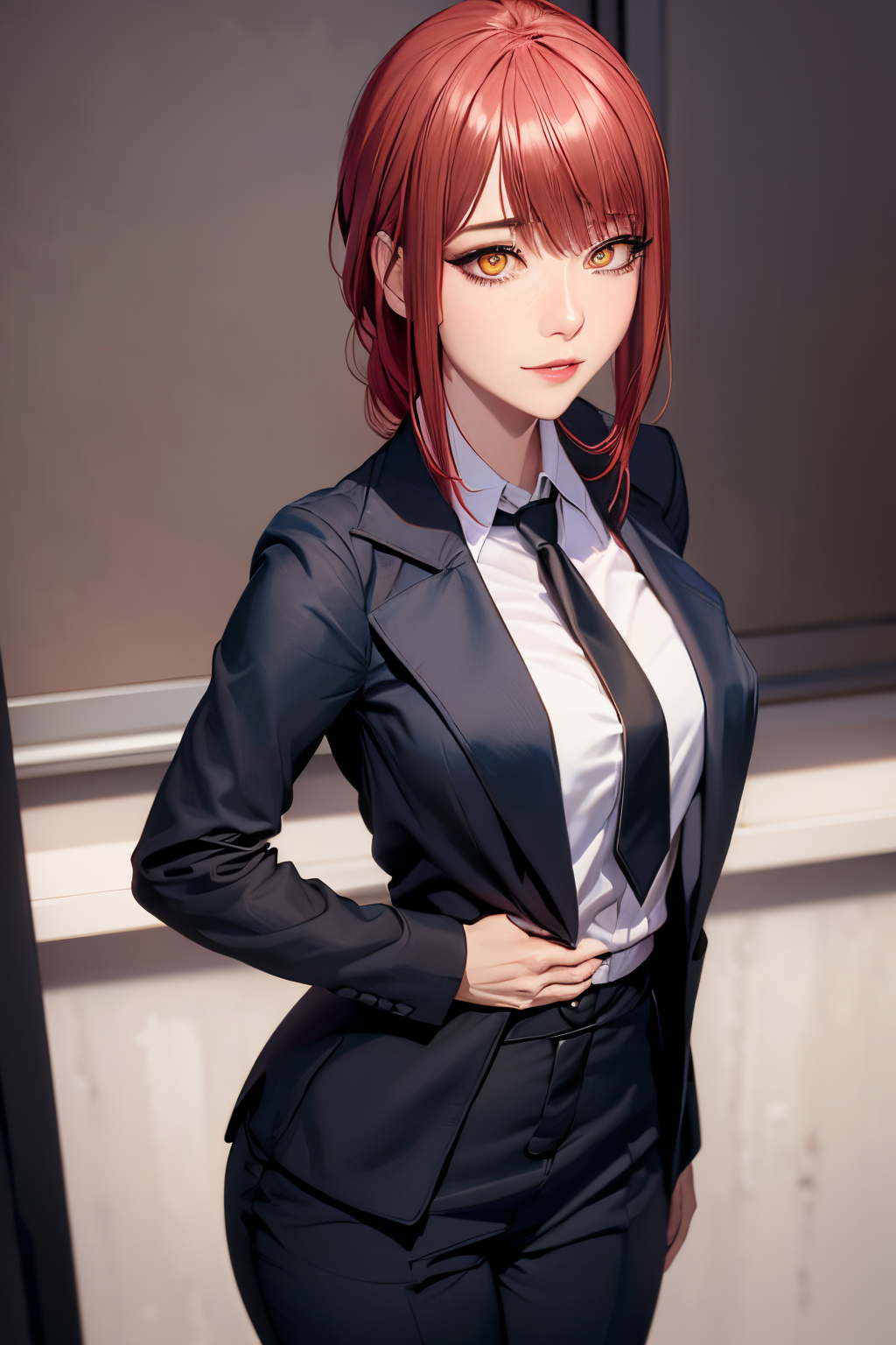 (view from right side) woman Standing with arms crossed over chest, (shirt, tie, pants:0.5) (detailed realistic face), (((hyperdetailed))), zoomed out, symmetrical face, detailed pupil, expressive eyes, makeup, real photography, modern look, Real photography (Realisitc:1.5)  <lora:EdobMakima_v1.0:0.8>