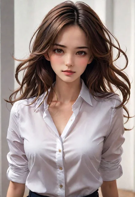 (masterpiece), 
1girl,
white shirt,
brown hair,, floating hair, 
upper body shot, 
HDR, highly detailed, 32k, 
(sexy) mood, 
perfect face feature,