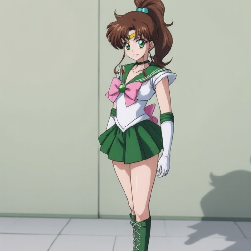 and green boots with white laces complete the look. Stance is strong, dark brown hair tied back, dressed in a green and white sailor uniform. A pink bow is pinned at the chest