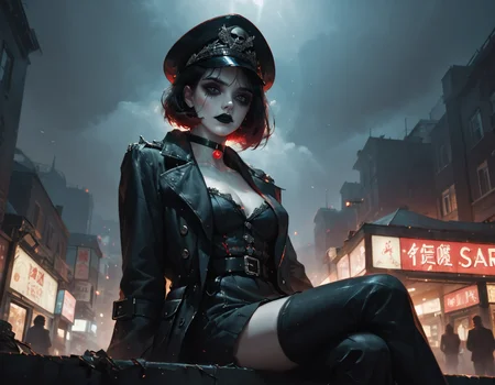 (score_9,score_8_up,score_7_up:1), 1girl, full body, low angle view from below, horror, neon body light, low ambient light, smug, (goth, (black lipstick, black mascara, black eyeshadow)), (skinny), black hair red highlights, shoulder length hair, choker, eyeshadow)), (bloodless white glowing skin), large breasts, (Sitting), junk night market, (<lora:commissar_uniform_WH40K:1> commissar uniform, long coat, commissar hat), <lora:zavy-cntrst-sdxl:1> dark, chiaroscuro, low-key