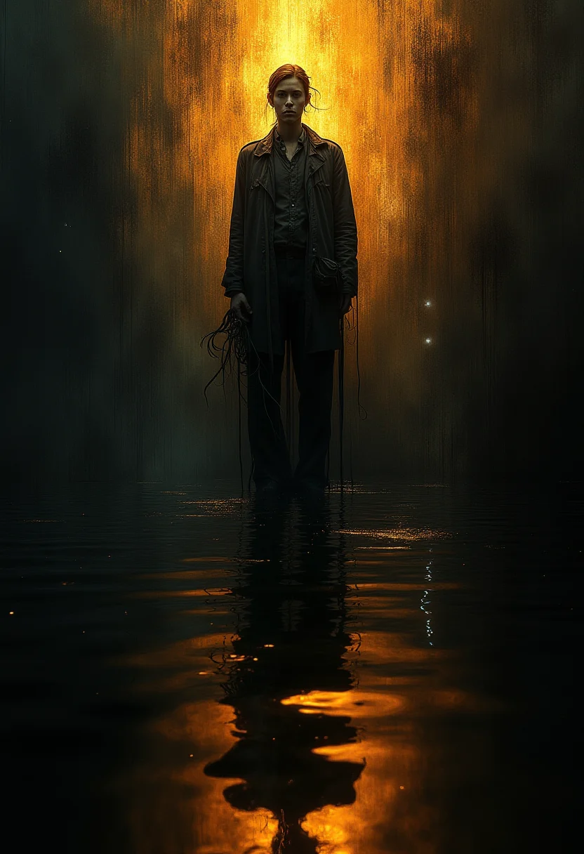 A striking piece in the style of Juan Gris features a complex interplay of dark and golden hues, with hints of water and fire. The subject is rendered in multiple perspectives, creating a sense of depth and intrigue. The image showcases long exposure photography, with soft light and reflections adding to its visual impact. The background is obscured, drawing focus to the central figure which is seen from below. The use of halation and white lights adds a touch of modern technology to the artwork, further enhancing its aesthetic appeal. ,