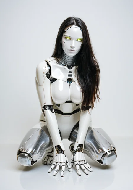 score_9, score_8_up, score_7_up, photo of a cute girl, crouching, spread legs, realistic, robotic mechanical face, glowing eyes, robotic hands, robotic feet, robotic legs,
white background, 1girl, (white robot) girl, (mechanical) girl, translucent skin, reflective, chromic light, green eyes, black hair, long hair, android girl,  large breasts, curvy, thighs,
shot on film, shot on canon, detailed skin texture,