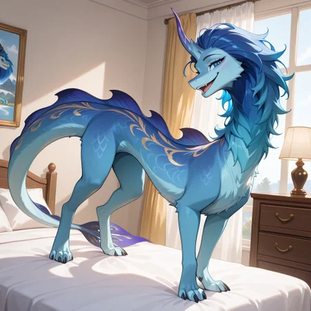 1girl, highres, absurdres, newest, masterpiece, best quality, furry, furry_female, amba_ratld, eastern dragon, dragon, tail, claws, horn, blue fur, blue hair, single horn, back dorsal fins, long body, (quadruped, feral:1.3), detailed eyes, standing, open_mouth, open mouth smile, luxurious detailed room, bright room, day scene, professional lighting, white bed, solo, bedroom, smiling, seductive, looking_at_viewer, masterpiece, close up, safe