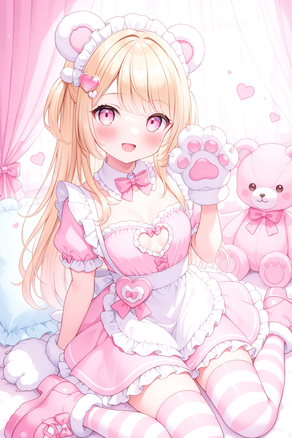 <lora:mersugar:1>, mersugar, 1girl, bear ears, paw gloves, animal ears, solo, animal hands, teddy bear, thighhighs, blonde hair, striped thighhighs, gloves, long hair, looking at viewer, striped clothes, dress, hair ornament, stuffed animal, sitting, stuffed toy, smile, open mouth, food, wariza, pink dress, short sleeves, frills, apron, bow, heart, pillow, curtains, blush, fake animal ears, indoors, pink footwear, :d, detached collar, pink eyes, maid headdress, hand up