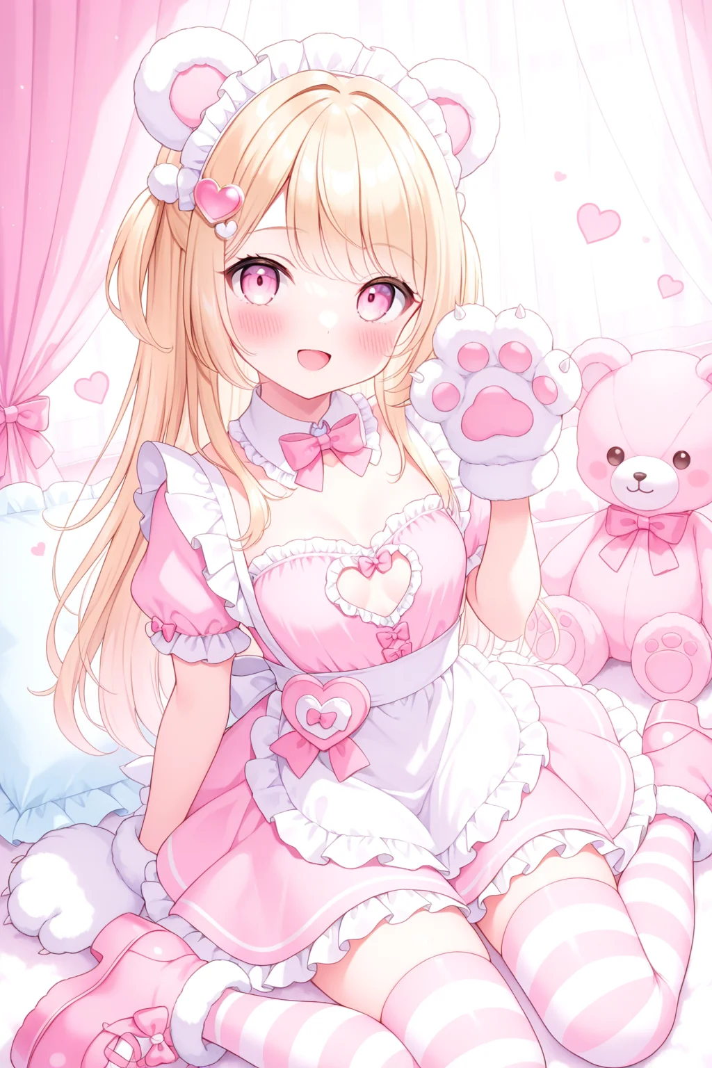 <lora:mersugar:1>, mersugar, 1girl, bear ears, paw gloves, animal ears, solo, animal hands, teddy bear, thighhighs, blonde hair, striped thighhighs, gloves, long hair, looking at viewer, striped clothes, dress, hair ornament, stuffed animal, sitting, stuffed toy, smile, open mouth, food, wariza, pink dress, short sleeves, frills, apron, bow, heart, pillow, curtains, blush, fake animal ears, indoors, pink footwear, :d, detached collar, pink eyes, maid headdress, hand up