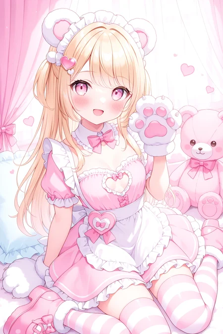 <lora:mersugar:1>, mersugar, 1girl, bear ears, paw gloves, animal ears, solo, animal hands, teddy bear, thighhighs, blonde hair, striped thighhighs, gloves, long hair, looking at viewer, striped clothes, dress, hair ornament, stuffed animal, sitting, stuffed toy, smile, open mouth, food, wariza, pink dress, short sleeves, frills, apron, bow, heart, pillow, curtains, blush, fake animal ears, indoors, pink footwear, :d, detached collar, pink eyes, maid headdress, hand up