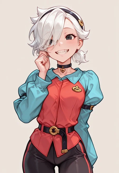 masterpiece, best quality, very aesthetic, absurdres, simple background,
BREAK 1girl, solo, coletteBS, white hair, short hair, small ponytail, hair band, hair covering one eye, choker, sharped teeth, black eyes, red shirt, blue sleeves, long sleeves, curved body, black pants, smile,
BREAK <lora:Colette_Brawl_Stars__Illustrious:1>, <lora:AKinuNishimura_Style:1.0>,<lora:Smooth_Booster_v2:0.25>, good hand,