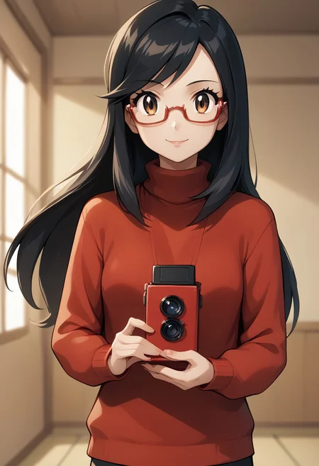 (source_anime, score_9, score_8_up, score_7_up:1), 1girl, solo, reikagami, black hair, long hair, sideswept bangs, brown eyes, red semi-rimless eyewear, reioutfit, red turtleneck sweater, holding a tlrcam, looking at viewer, indoors, pokemon \(classic anime\), anime screencap