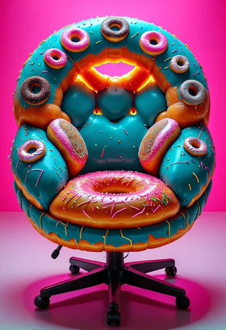 d0nu71f13d, An epic photo of a cyberpunk donut chair made of doughnuts, neon color, masterpiece, best quality, highly detailed, sharp focus, dynamic lighting, flux-style, mobe-cybideen