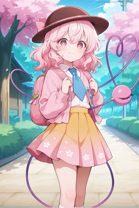absurdres, highres, masterpiece, best quality, amazing quality, official anime artwork, screencap, anime screencap, outdoors, looking at viewer, light smile, dynamic pose, 
 <lora:Komeiji-Koishi_IllustriousV2:1>  komeiji koishi, 1girl, solo, pink eyes, pink hair, long hair, third eye, heart of string,, komeiji koishi \(blossomed eyes of love\), alternate color, alternate costume, alternate eye color, alternate hair color, brown hat, blue necktie, pink cardigan, collared shirt, white shirt, long sleeves, yellow skirt, pleated skirt, gradient skirt, print skirt, pink skirt, kneehighs, white socks, loafers, pink shoes, pink backpack, pink bag, holding trowel,
