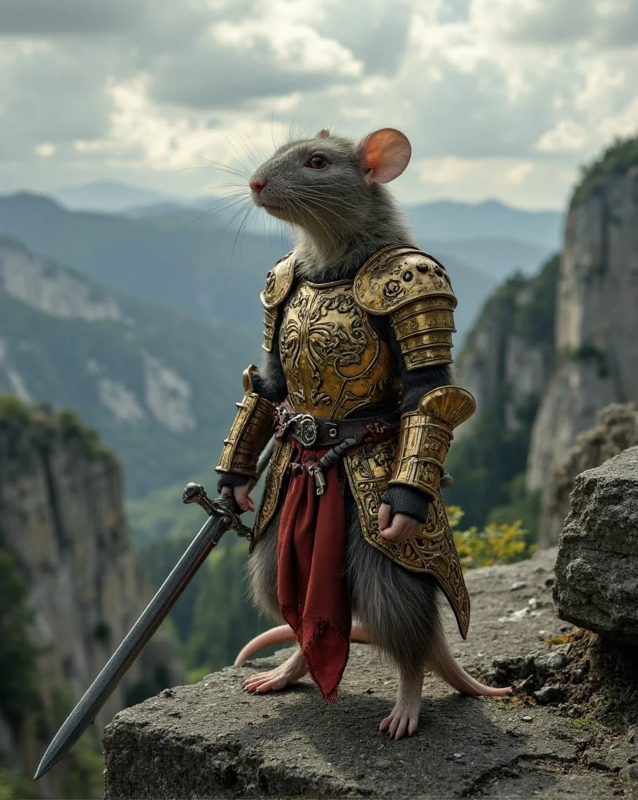 <lora:y2k_aesthetic.safetensors:1> Indoor shadows and highlights, The image evokes tender memories, Slightly oversaturated colors typical of early digital, Studio quality digital image, Sharp digital imageA digitally drawn anthro rat stands poised on a ledge, dressed in golden armor adorned with intricate filigree, and holding a sharp sword. Its intense red eyes convey determination as it prepares for battle. A torn red cloth wraps around its waist, and the backdrop is a blurred representation of rocky mountains under a cloudy sky.